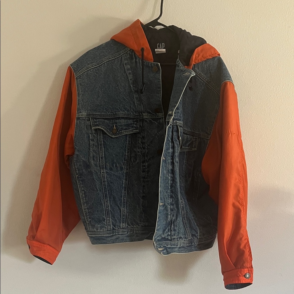 GAP Men's Blue Denim Jacket with Bold Orange Sleeves